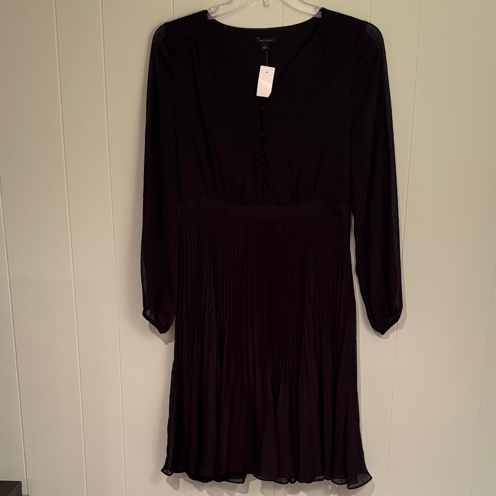 Ann Taylor Black Long Sleeve Dress Swiss Dot